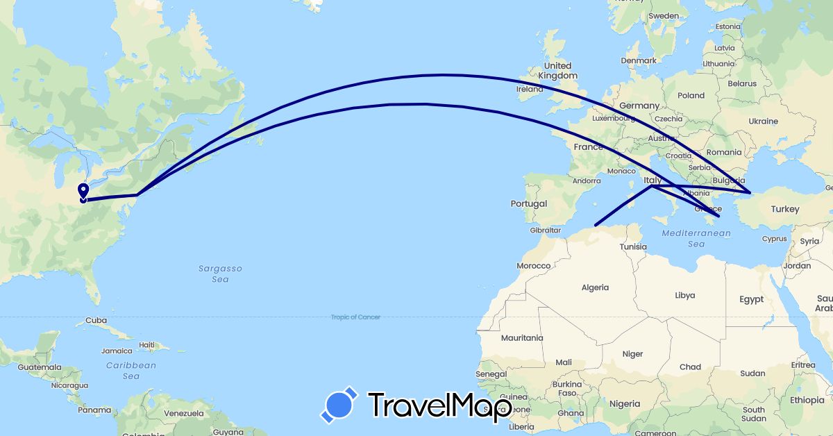 TravelMap itinerary: driving in Algeria, Greece, Italy, Turkey, United States (Africa, Asia, Europe, North America)
